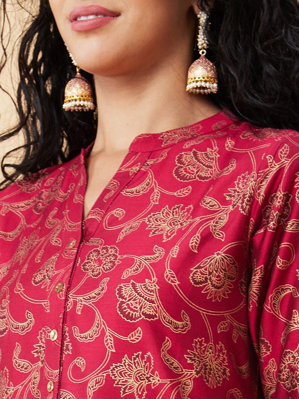 Globus Women Pink Printed Mandarin Collar A-Line Kurta