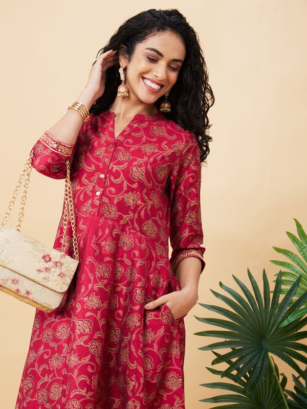 Globus Women Pink Printed Mandarin Collar A-Line Kurta