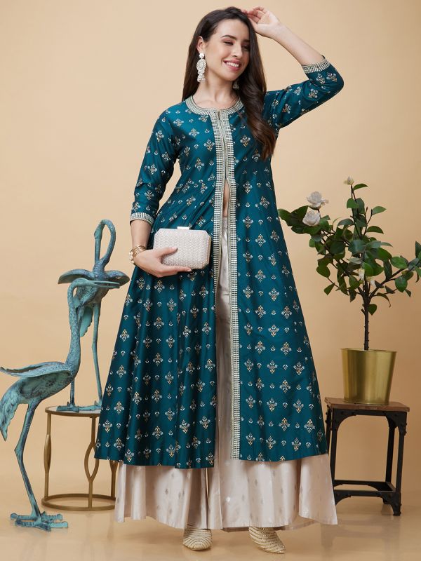 Globus Women Green Ethnic Motifs Print Round Neck Embroidered Detailed Festive A-Line High Slit Kurta with Pockets