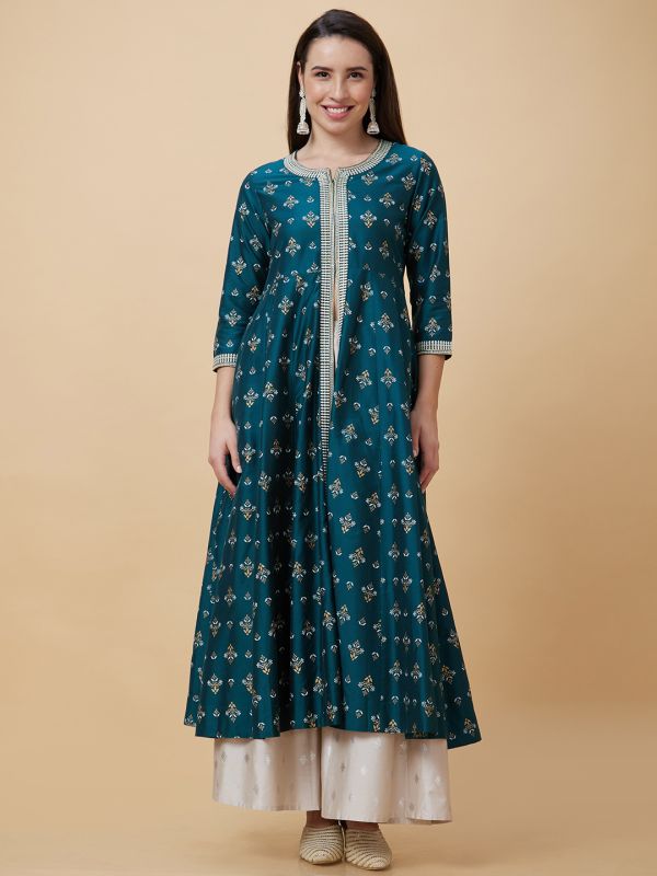 Globus Women Green Ethnic Motifs Print Round Neck Embroidered Detailed Festive A-Line High Slit Kurta with Pockets