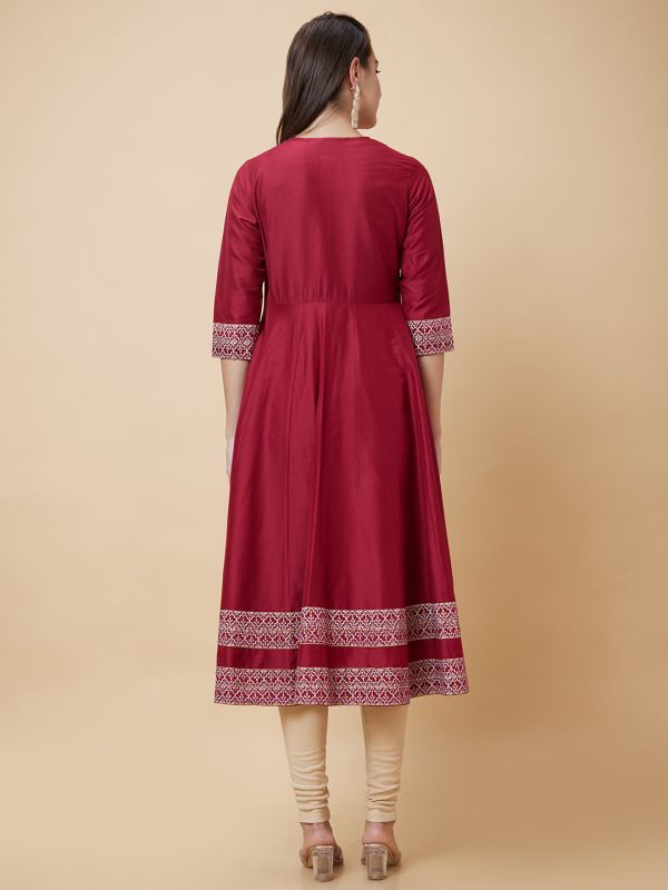 Globus Women Maroon Ethnic Motifs Print Festive Anarkali Kurta with Layered Shrug