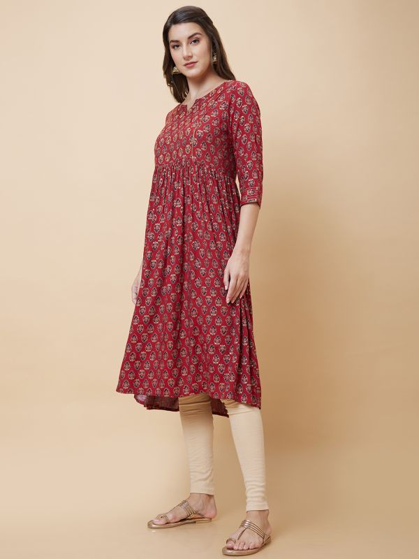 Globus Women Maroon Printed Festive A-Line Kurta