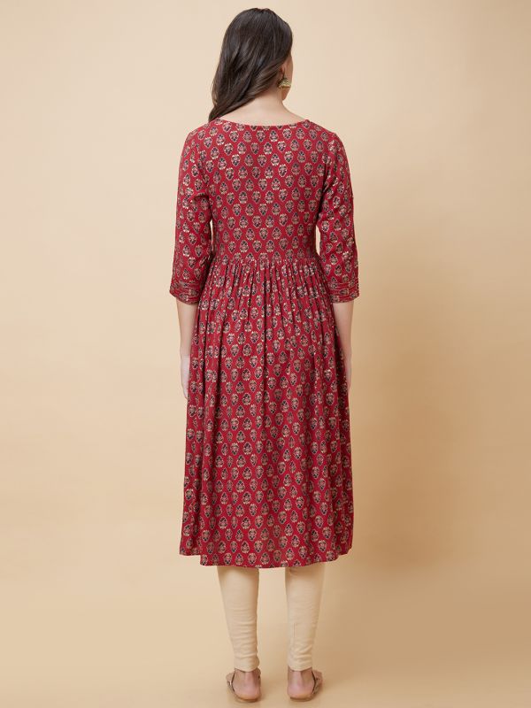 Globus Women Maroon Printed Festive A-Line Kurta