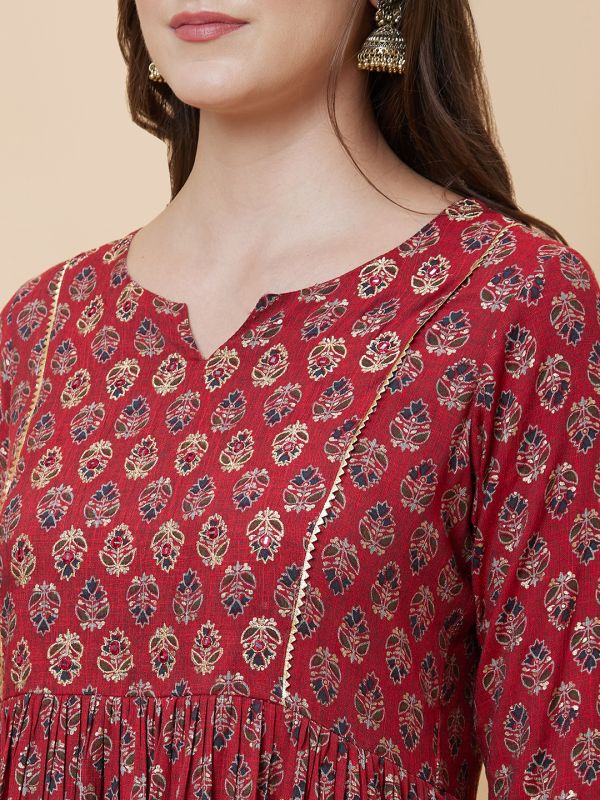 Globus Women Maroon Printed Festive A-Line Kurta