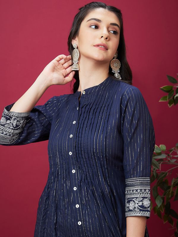 Globus Women Blue Ethnic Pleated Mandarin Collar 3/4th Sleeve Embroidered A-Line Kurta