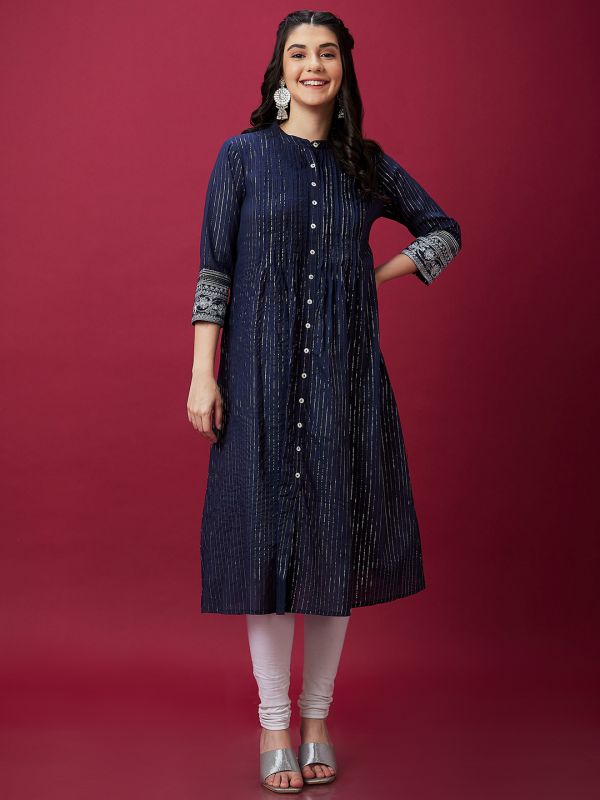 Globus Women Blue Ethnic Pleated Mandarin Collar 3/4th Sleeve Embroidered A-Line Kurta