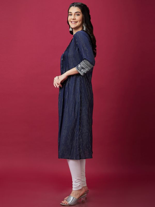 Globus Women Blue Ethnic Pleated Mandarin Collar 3/4th Sleeve Embroidered A-Line Kurta