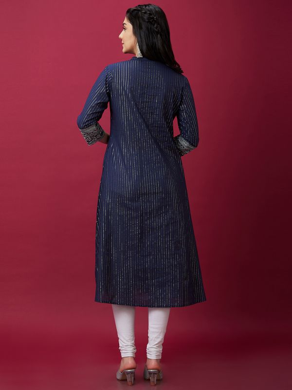 Globus Women Blue Ethnic Pleated Mandarin Collar 3/4th Sleeve Embroidered A-Line Kurta