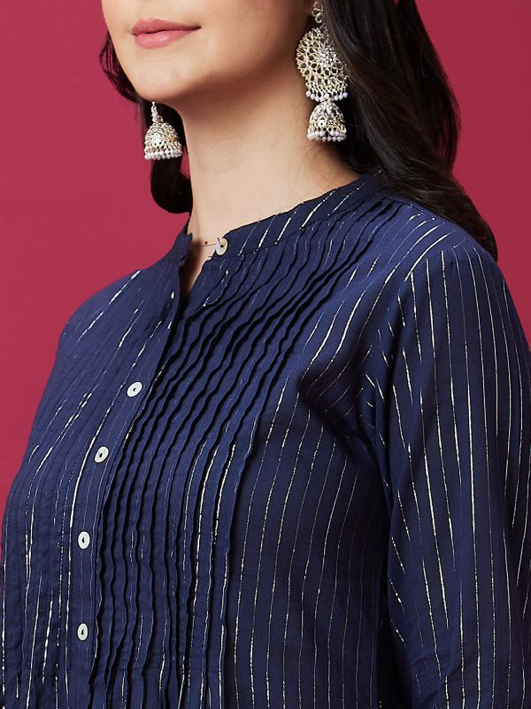 Globus Women Blue Ethnic Pleated Mandarin Collar 3/4th Sleeve Embroidered A-Line Kurta