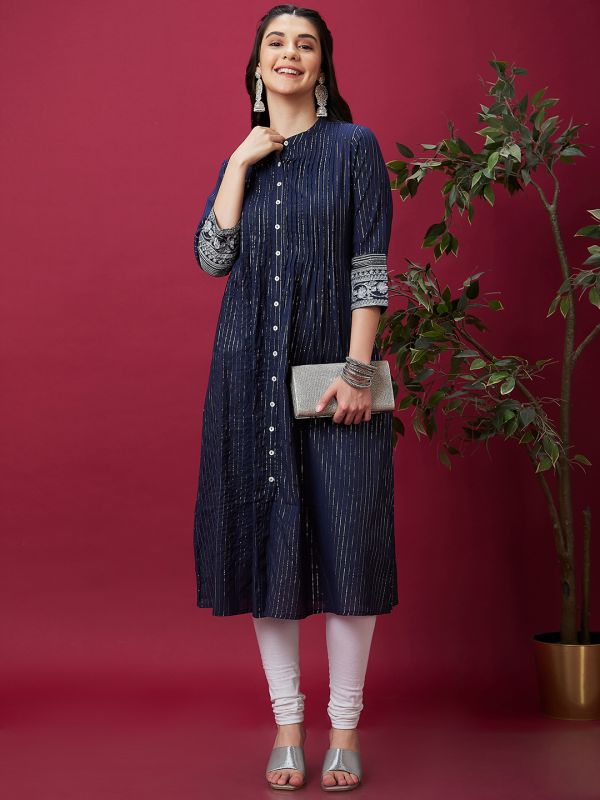Globus Women Blue Ethnic Pleated Mandarin Collar 3/4th Sleeve Embroidered A-Line Kurta