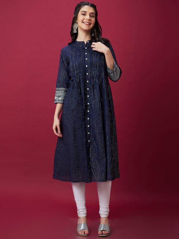 Globus Women Blue Ethnic Pleated Mandarin Collar 3/4th Sleeve Embroidered A-Line Kurta