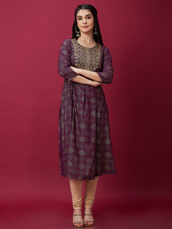 Globus Women Wine Embroidered Ethnic Print Round Neck 3/4th Sleeve A-Line Kurta