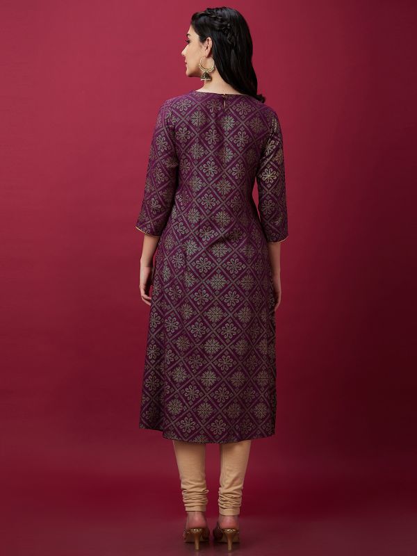 Globus Women Wine Embroidered Ethnic Print Round Neck 3/4th Sleeve A-Line Kurta