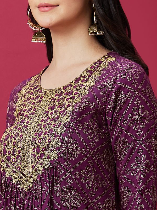 Globus Women Wine Embroidered Ethnic Print Round Neck 3/4th Sleeve A-Line Kurta