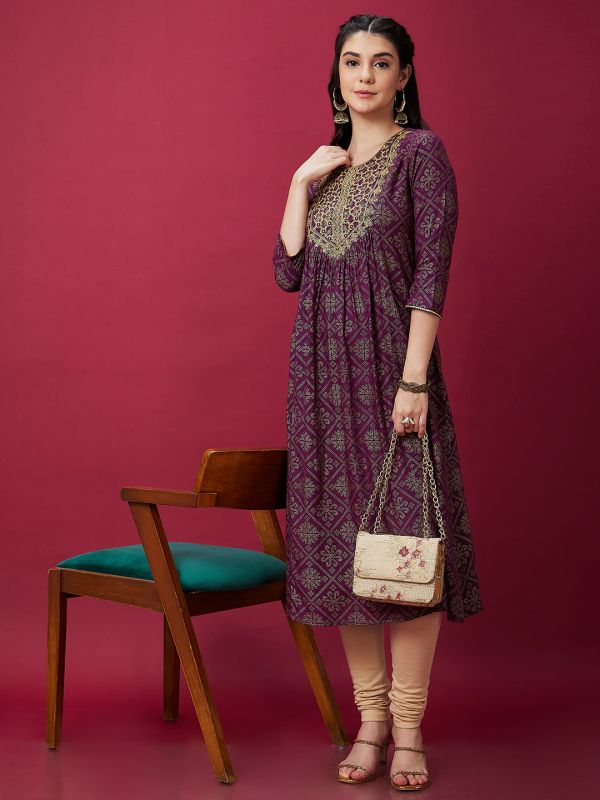 Globus Women Wine Embroidered Ethnic Print Round Neck 3/4th Sleeve A-Line Kurta