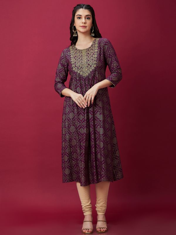 Globus Women Wine Embroidered Ethnic Print Round Neck 3/4th Sleeve A-Line Kurta