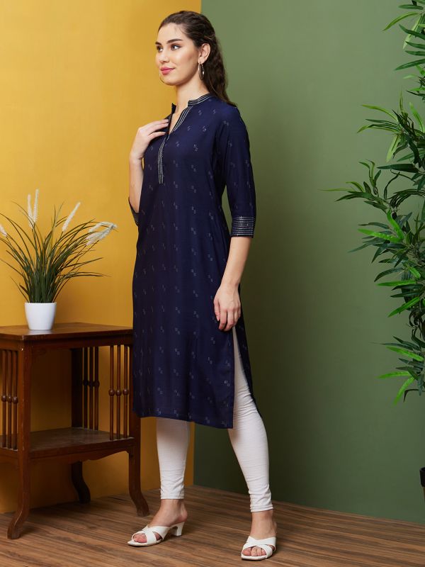 Globus Women Blue Solid Festive Wear Three-Quarter Sleeves Mandarin Collar Straight Kurta