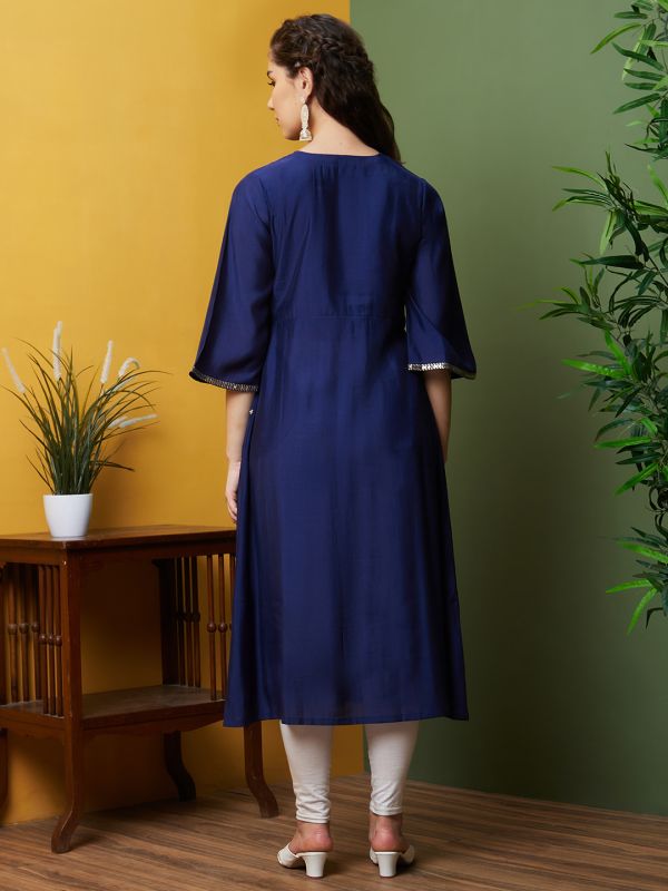 Globus Women Blue Festive Wear Embroidered  Bell Sleeves Round Neck A-Line Kurta