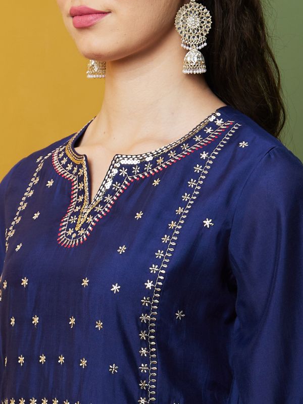 Globus Women Blue Festive Wear Embroidered  Bell Sleeves Round Neck A-Line Kurta