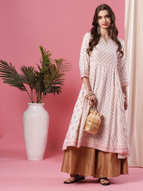 Globus Women Off-White V Embroidered Neck Allover Ethnic Motifs Panelled Calf Length A-Line Kurta