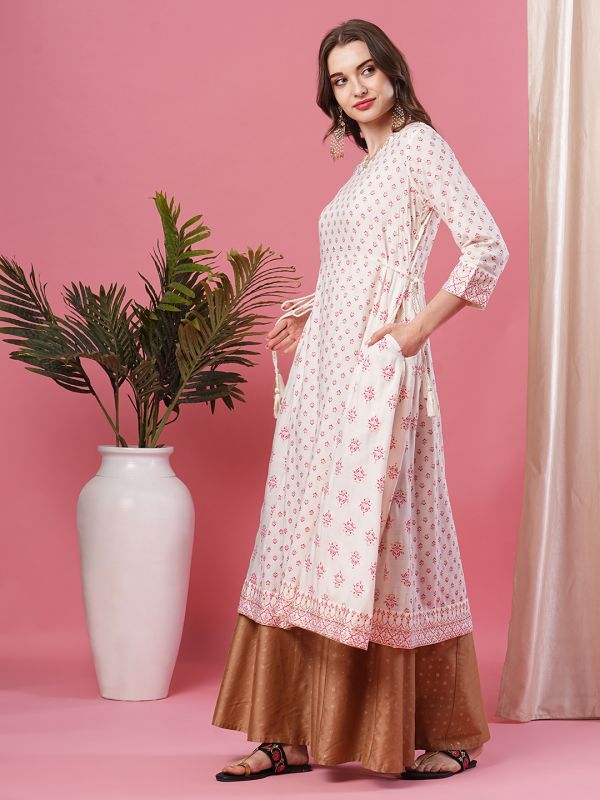 Globus Women Off-White V Embroidered Neck Allover Ethnic Motifs Panelled Calf Length A-Line Kurta