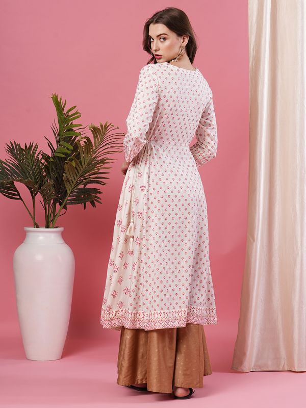 Globus Women Off-White V Embroidered Neck Allover Ethnic Motifs Panelled Calf Length A-Line Kurta