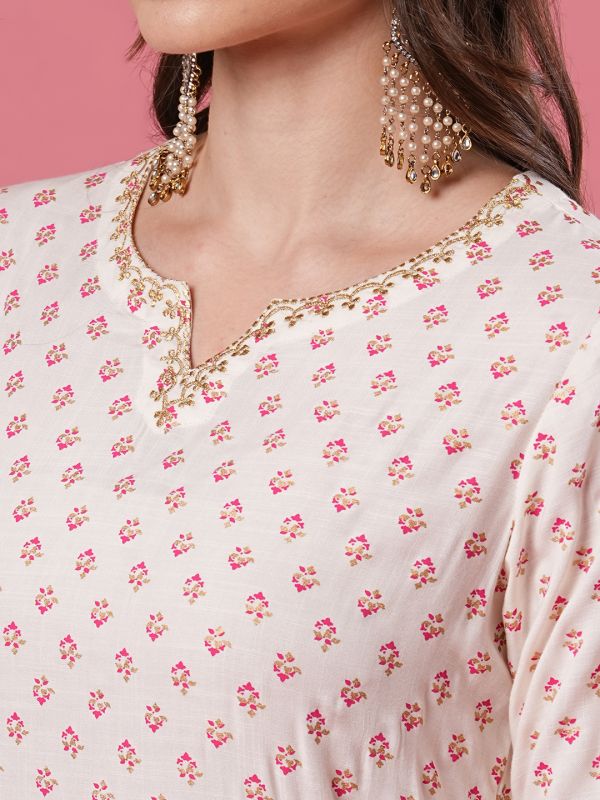 Globus Women Off-White V Embroidered Neck Allover Ethnic Motifs Panelled Calf Length A-Line Kurta