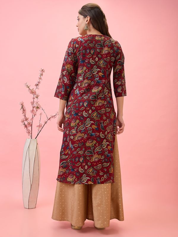 Globus Women Maroon Scalloped Embroidered V-Neck Gold Foil Paisley Print Chanderi Festive Kurta