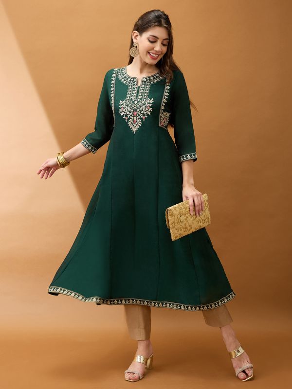 Globus Women Green Floral Embroidered Yoke Detail Round Neck Panelled Anarkali Festive Kurta