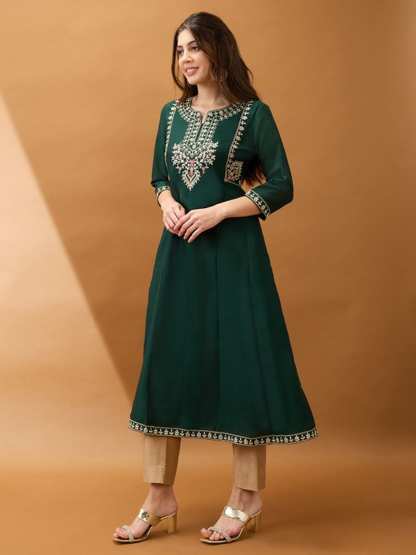 Globus Women Green Floral Embroidered Yoke Detail Round Neck Panelled Anarkali Festive Kurta