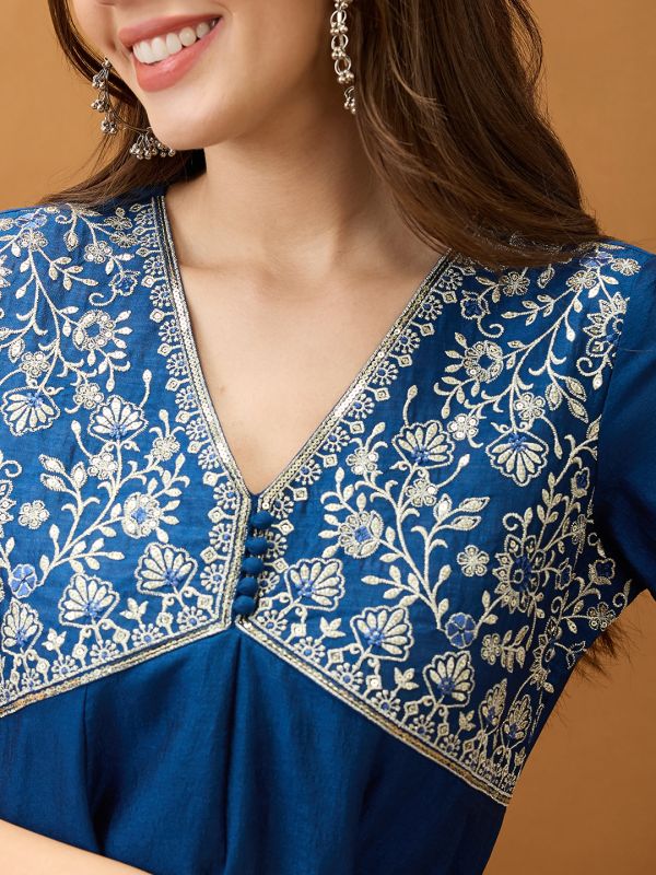 Globus Women Blue Sequinned Floral Embroidered Yoke V-Neck Alia Cut A-Line Festive Kurta