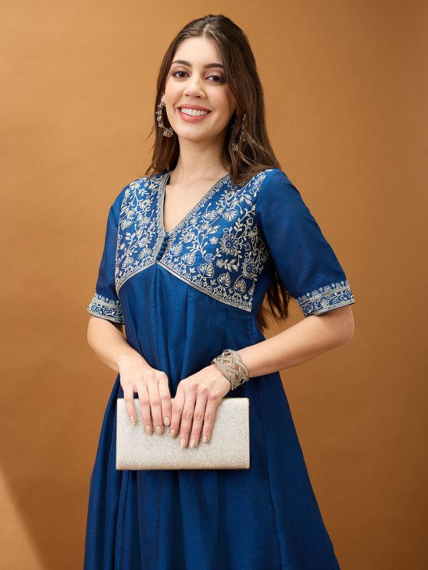 Globus Women Blue Sequinned Floral Embroidered Yoke V-Neck Alia Cut A-Line Festive Kurta