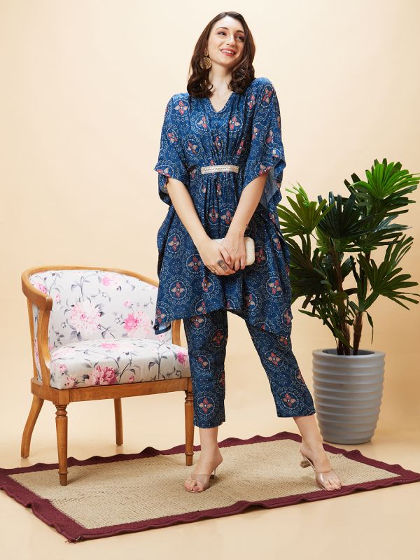 Globus Women Blue Bandhani Print V-Neck Embroidered Lace Festive Kaftan Kurta Set With Trouser