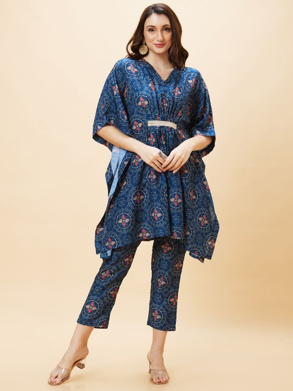 Globus Women Blue Bandhani Print V-Neck Embroidered Lace Festive Kaftan Kurta Set With Trouser