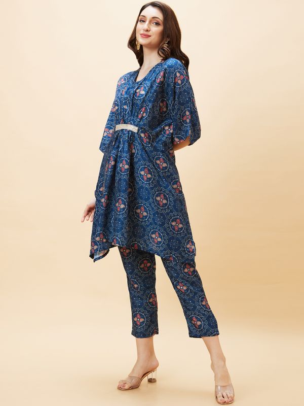 Globus Women Blue Bandhani Print V-Neck Embroidered Lace Festive Kaftan Kurta Set With Trouser