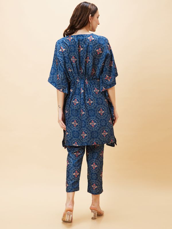 Globus Women Blue Bandhani Print V-Neck Embroidered Lace Festive Kaftan Kurta Set With Trouser
