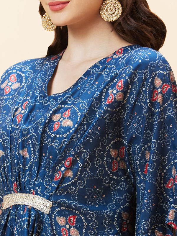 Globus Women Blue Bandhani Print V-Neck Embroidered Lace Festive Kaftan Kurta Set With Trouser