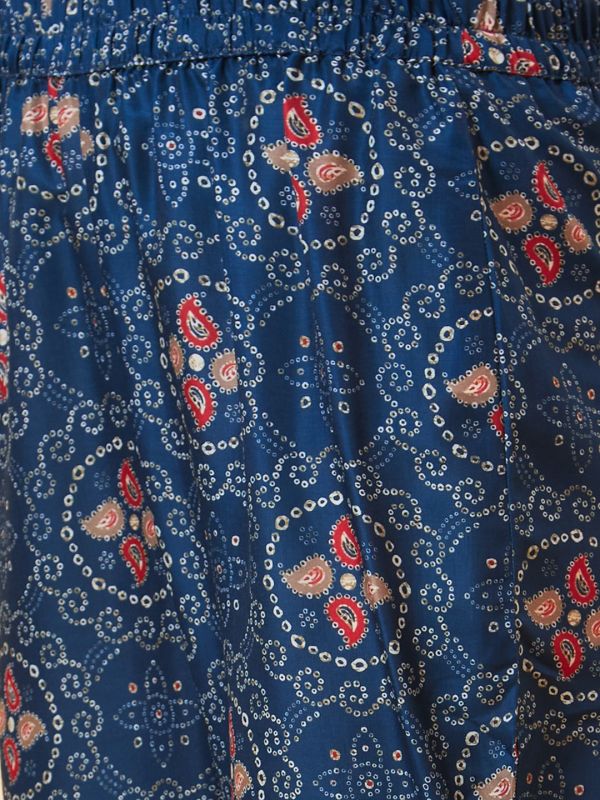 Globus Women Blue Bandhani Print V-Neck Embroidered Lace Festive Kaftan Kurta Set With Trouser
