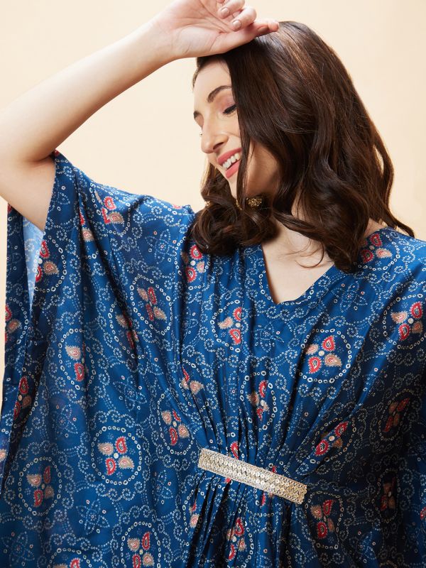 Globus Women Blue Bandhani Print V-Neck Embroidered Lace Festive Kaftan Kurta Set With Trouser