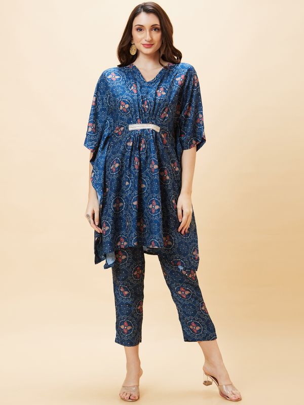 Globus Women Blue Bandhani Print V-Neck Embroidered Lace Festive Kaftan Kurta Set With Trouser