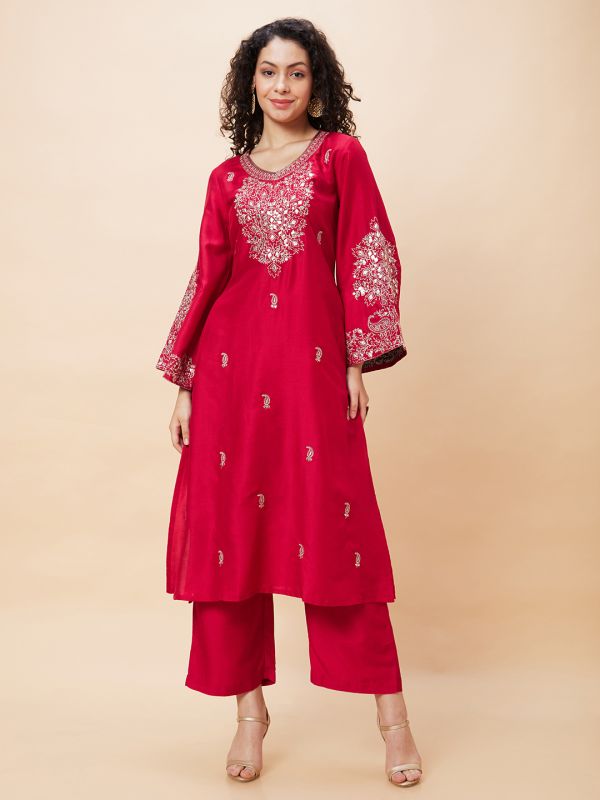 Globus Women Red Embroidered Bell Sleeve Straight Kurta & Wide Leg Trouser Set
