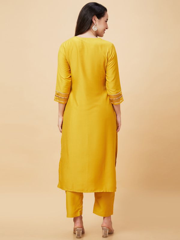 Globus Women Yellow Floral Yoke Embroidered Tie-Up Neck Festive Straight Kurta Set with Trouser