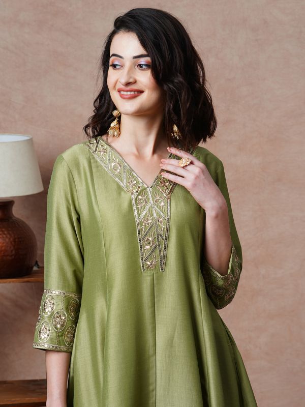 Globus Women Olive Floral Embroidered & Sequinned Yoke Panelled A-Line Anarkali Kurta & Pant Set