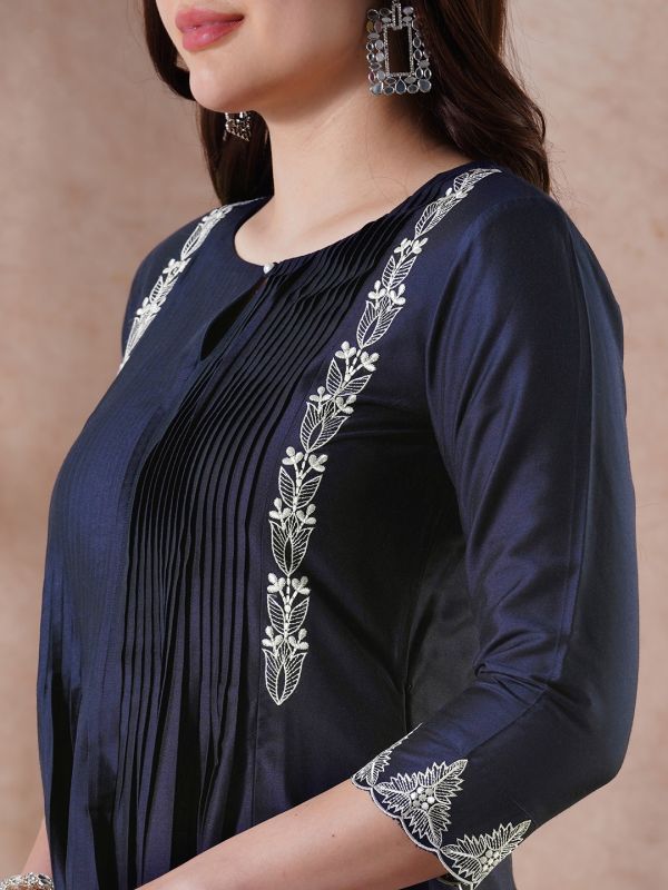 Globus Women Blue Round Neck Embroidered Detail Pleated A-Line Kurta With Lace Hem Pants Festive Set