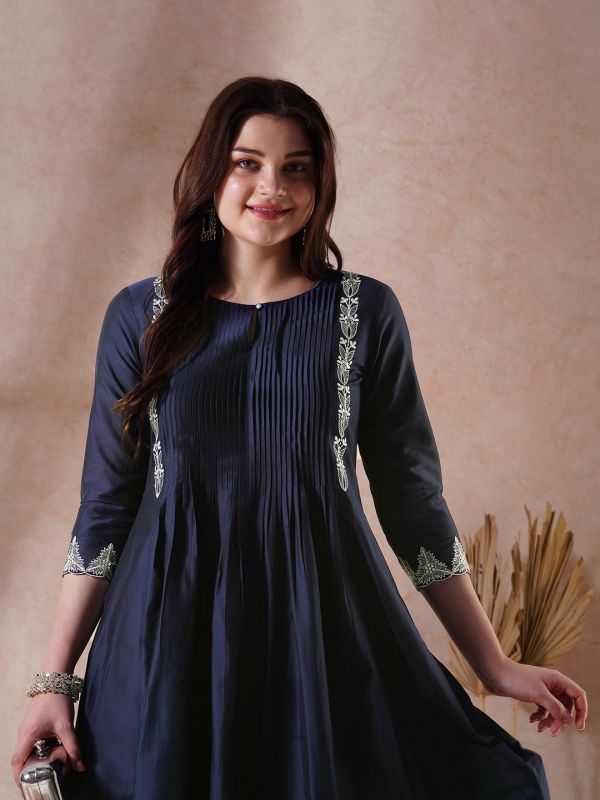 Globus Women Blue Round Neck Embroidered Detail Pleated A-Line Kurta With Lace Hem Pants Festive Set