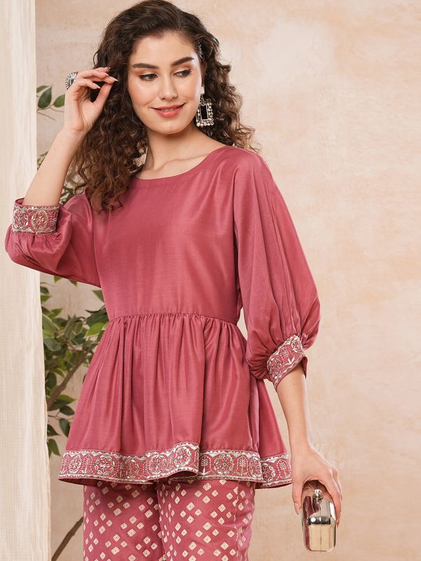 Globus Women Pink Peplum Tunic & Printed Straight Pant Co-Ord Set