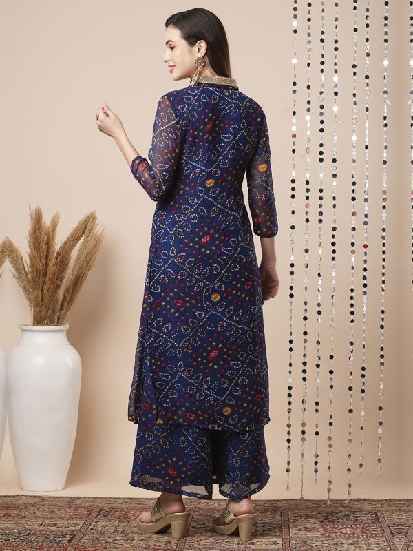 Globus Women Blue V-Neck Gotta Lace Bandhani Print Pleated A-Line Festive Kurta With Elasticated Pants