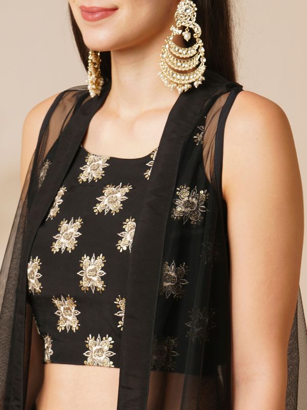 Globus Women Black Ethnic Motifs Strappy Sleeves Crop Top & Flared Mid-Rise Partially Elasticated Floor Length Palazzo with Shrug Fusion Co-Ord Set