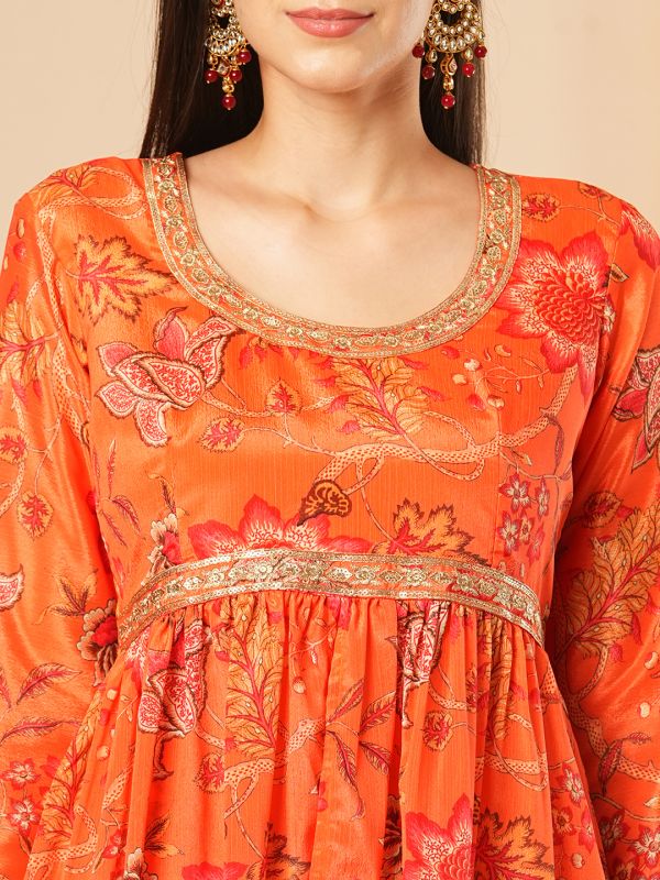 Globus Women Orange Allover Floral Printed Sequinned Yoke Front Slit Tunic With Gharara & Chocker Dupatta Festive Co-Ord Set