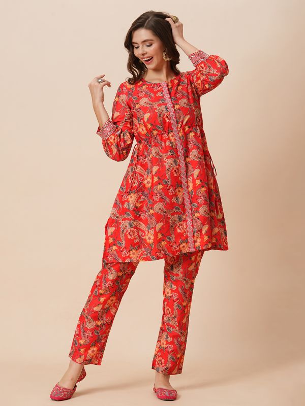 Globus Women Red Round Neck Floral Print Drawstring Detail Tunic With Fully Elasticated Mid-Rise Narrow Pants Fusion Co-Ord Set